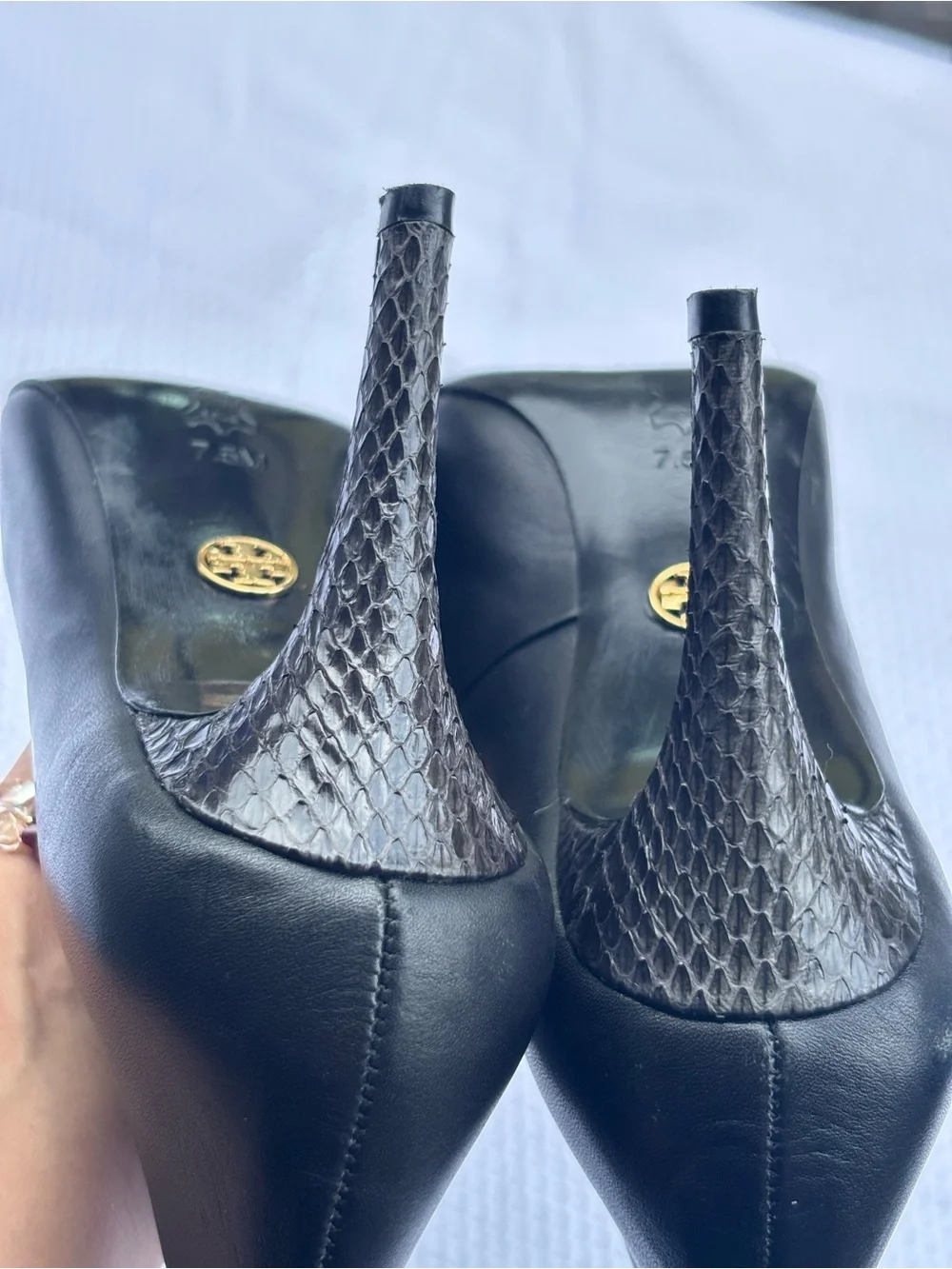 Tory Burch Black Mabel Watersnake Heel Pointed-Toe Leather Pumps